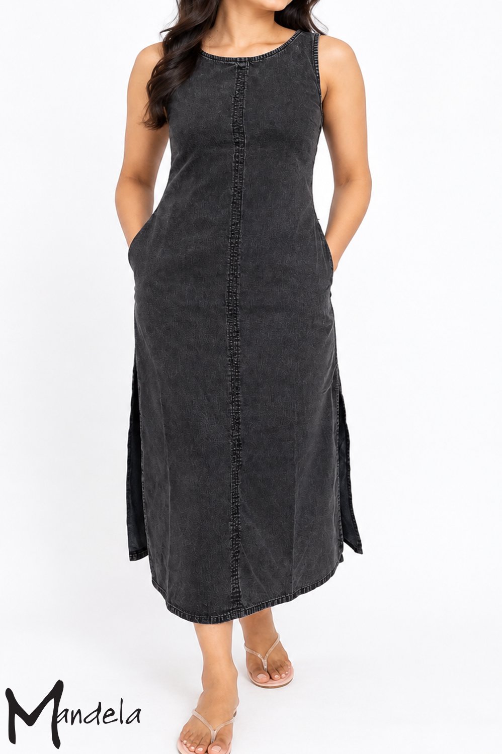Washed Black Sleeveless Denim Midi Dress 